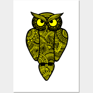 Yellow Zentangle Owl Posters and Art